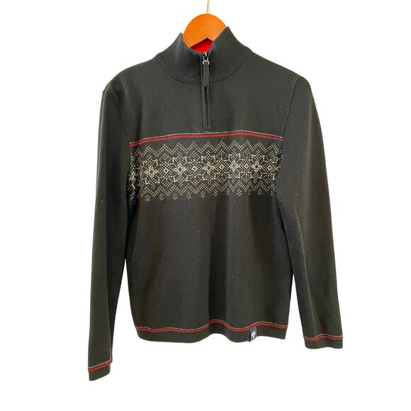 Meister Winter Print Quarter Zip Ski Sweater Black Red S - Picture 1 of 5